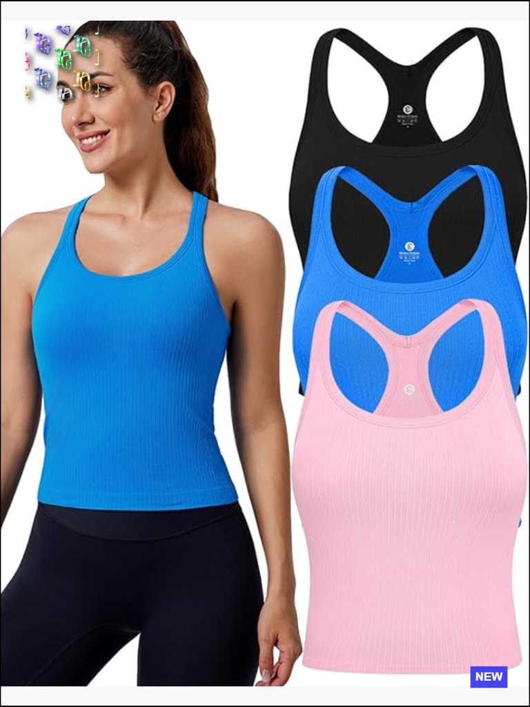 Ribbed Workout Tank Tops With Built In Bra Racerback Seamless Crop Tank